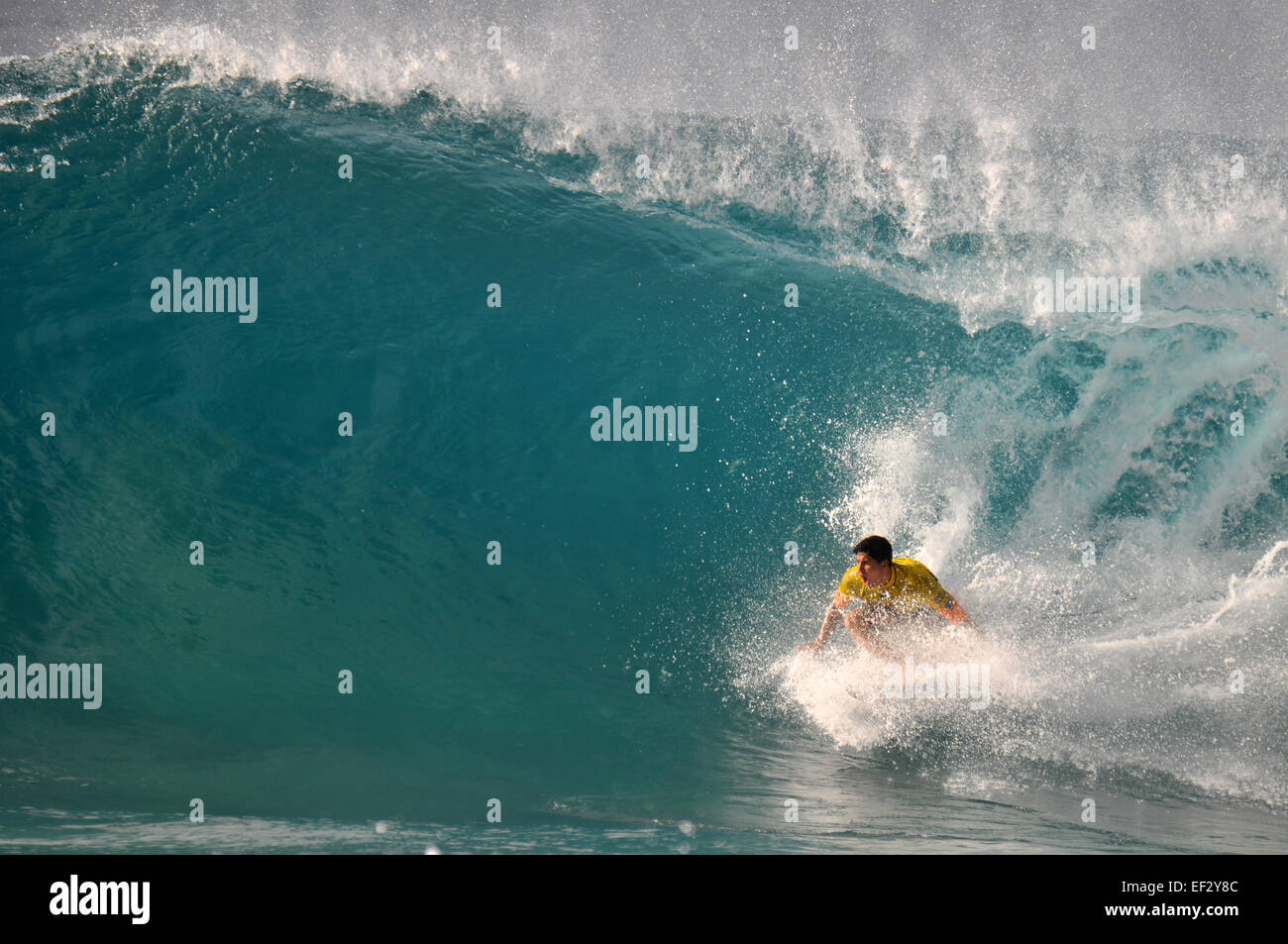 Brazilian pro-surfer, Gabriel Medina, rides the 'backdoor' at the 2014 Pipemasters, Banzai Pipeline, Ehukai Beach, Oahu Stock Photo