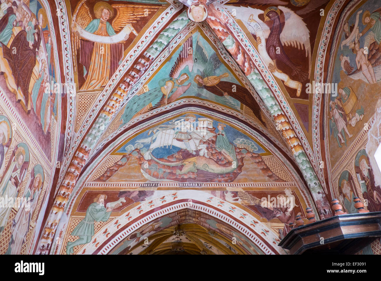 Frescoes on the walls of Ribčev Laz, Church of St. John the Baptist, Lake Bohinj, Slovenia Stock Photo