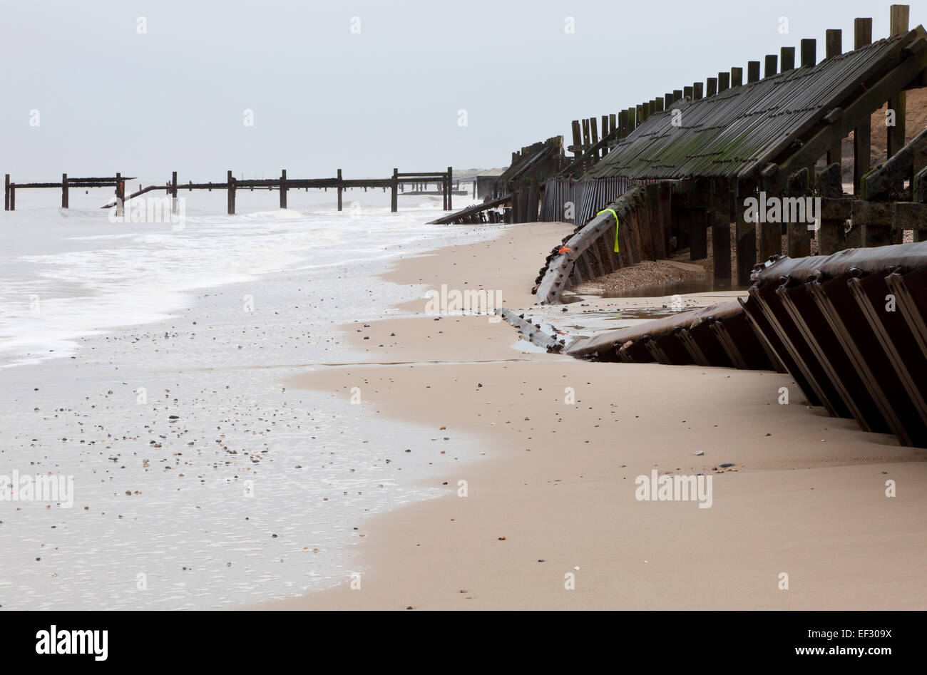 Broken Sea Defences on Happisburgh Beach in Winter in Norfolk England ...