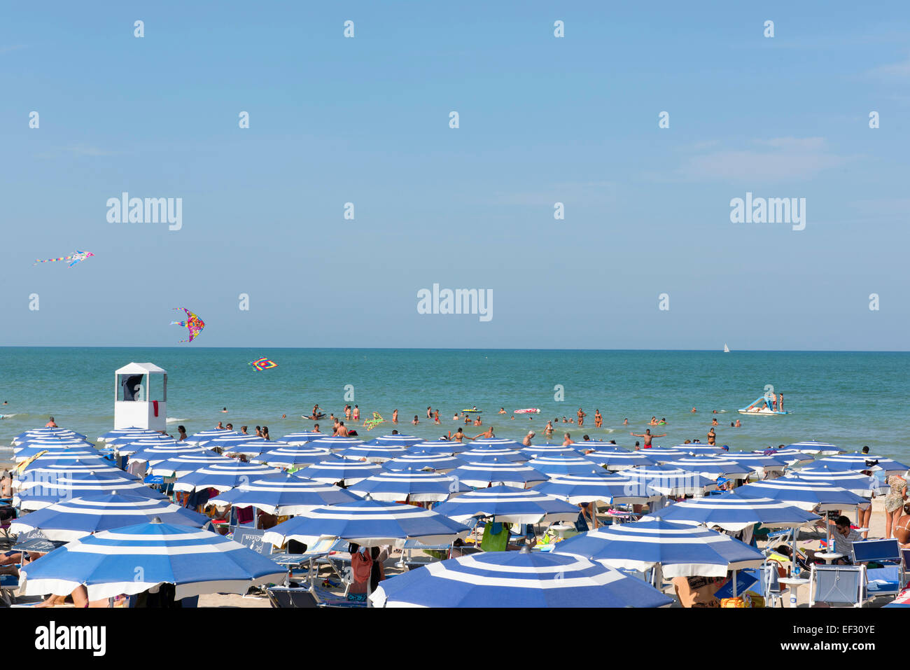 Bathers and parasols on the beach, sea, Senigallia, Province of Ancona, Marche, Adriatic coast, Italy Stock Photo