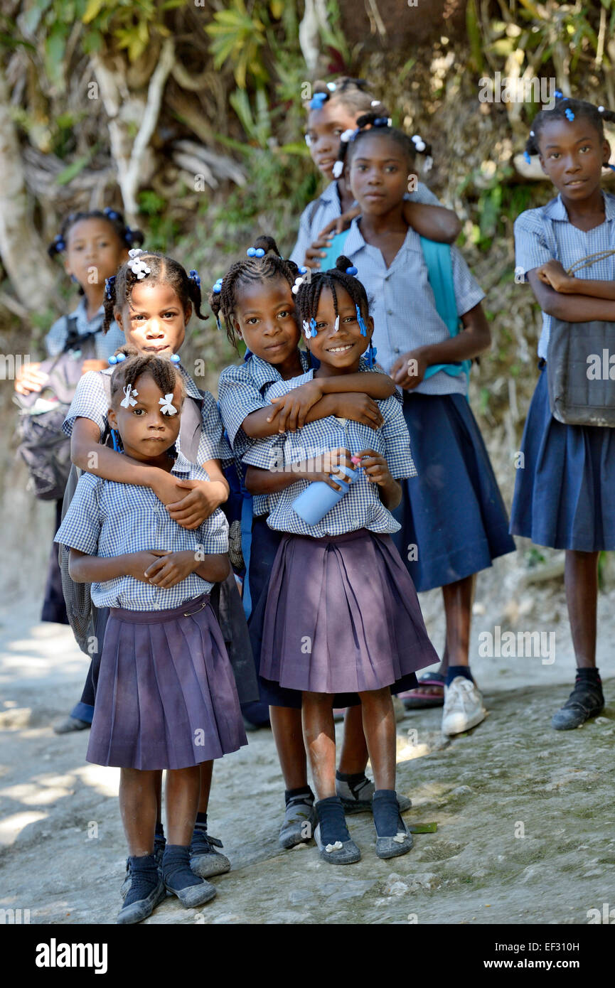 Curious schoolgirls, La Vallee, Sud-Est Department, Haiti Stock Photo