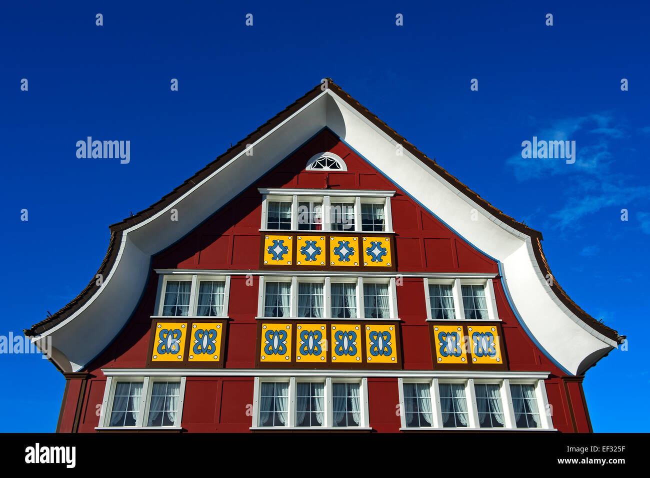 Facade of a residential building with curved gable, Appenzell style, Appenzell, Canton Appenzell, Switzerland Stock Photo