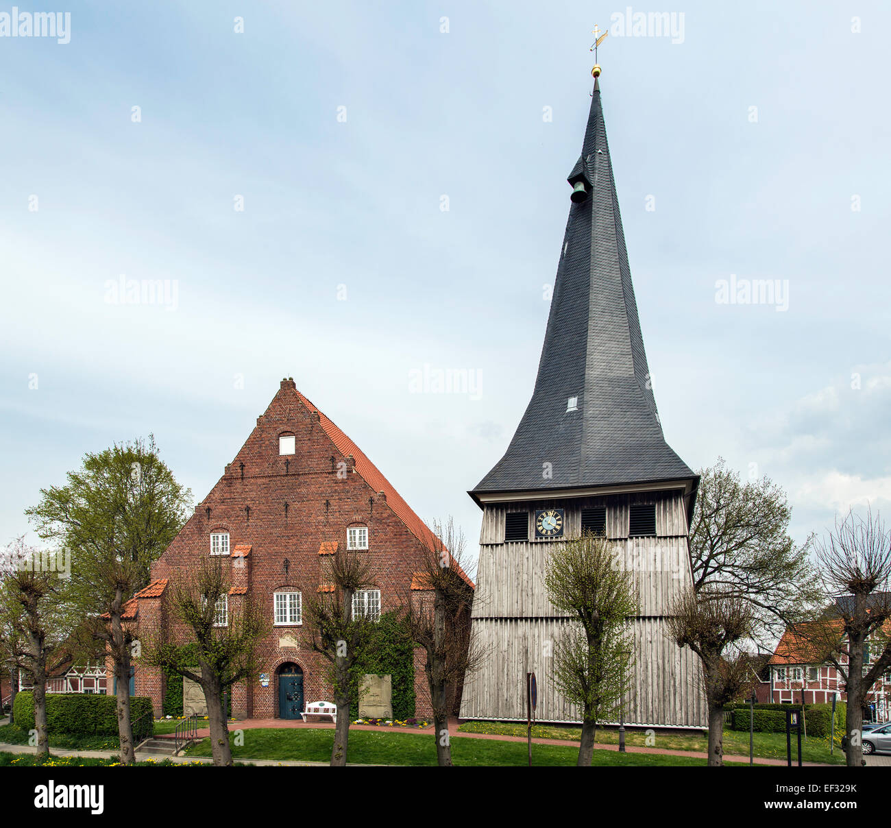 St. Matthias church with wooden tower in 1685, Jork, Altes Land, Lower Saxony, Germany Stock Photo