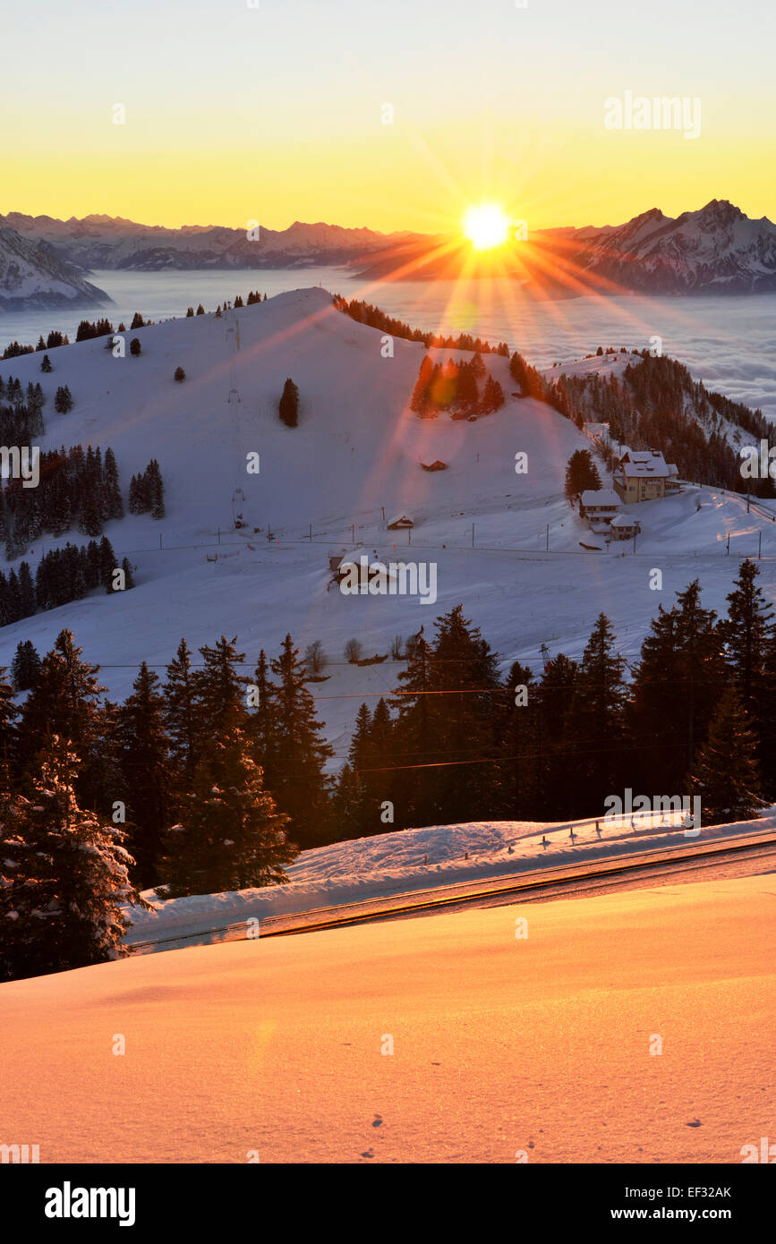 Sunset from Mt Rigi Kulm with views of the mountains Rigi Staffel and Pilatus, Canton of Schwyz, Switzerland Stock Photo