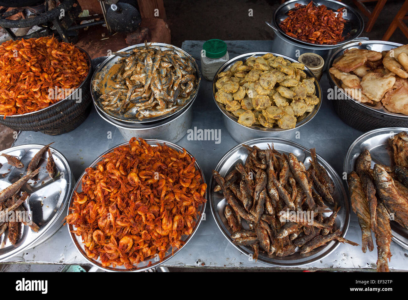 Nepalese dishes, fish, shrimps, in a Nepalese street restaurant, Mugling, Nepal Stock Photo