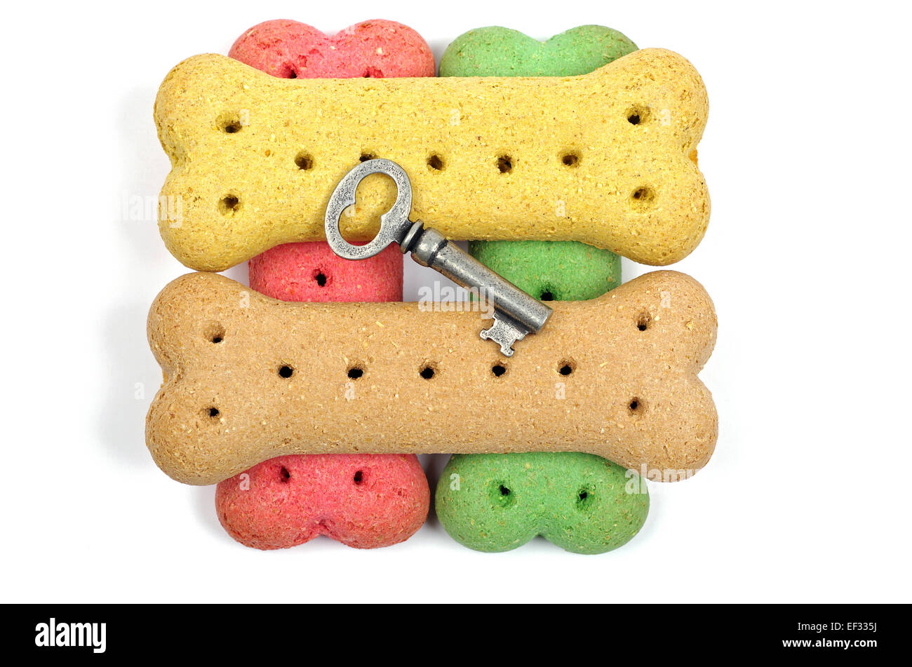 dog biscuits and a silver key Stock Photo