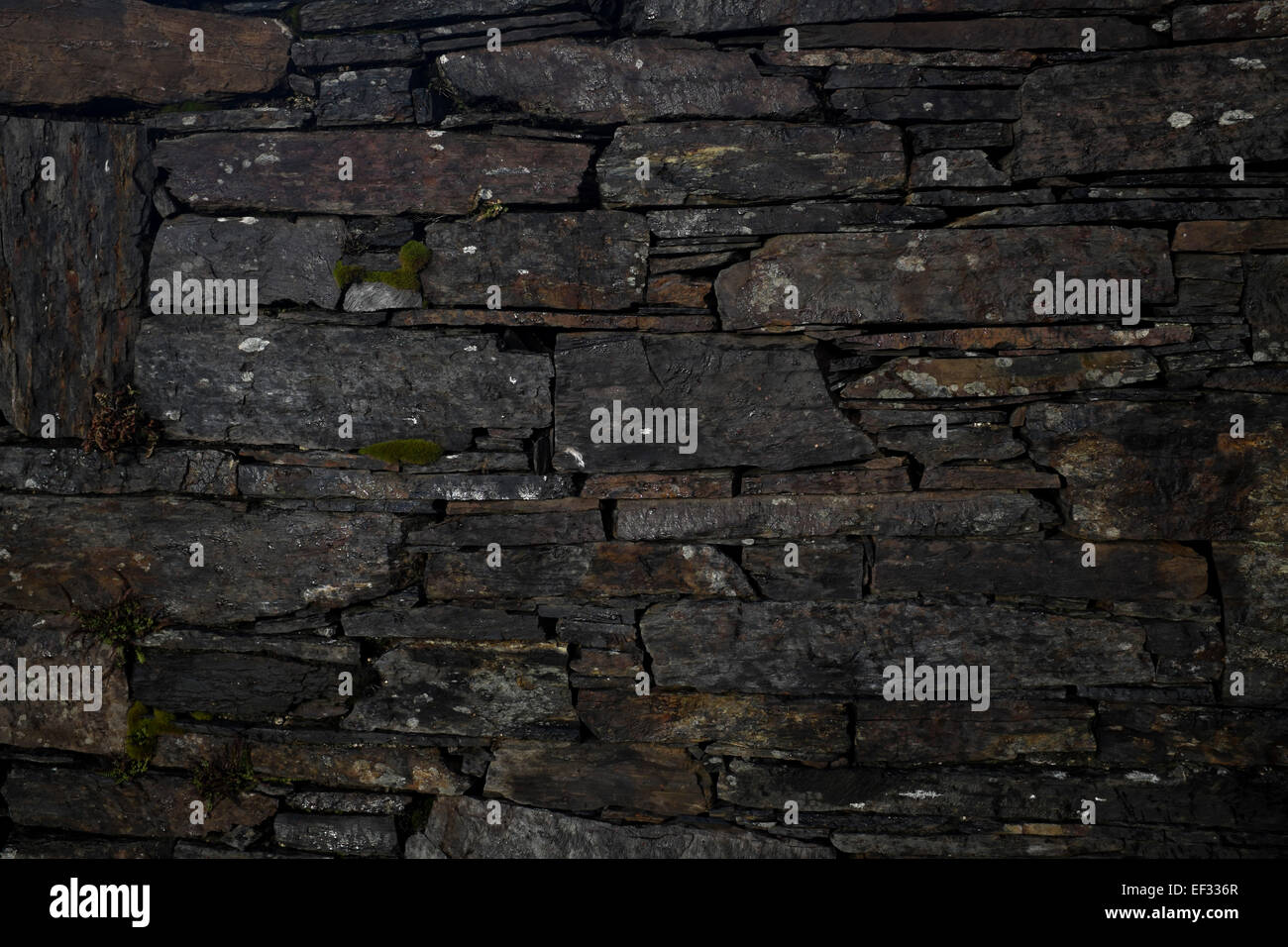 A slate wall of a derelict house on the island of Easdale, Argyll and Bute, on Scotland's west coast. Stock Photo