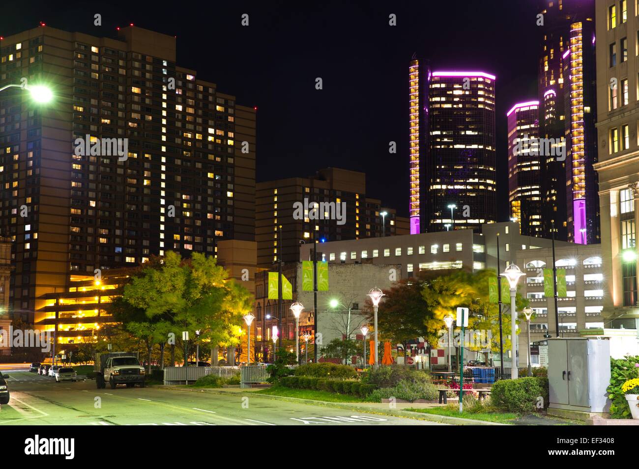 Downtown Detroit At Night Michigan USA Oct 28 2014 Stock Photo Alamy