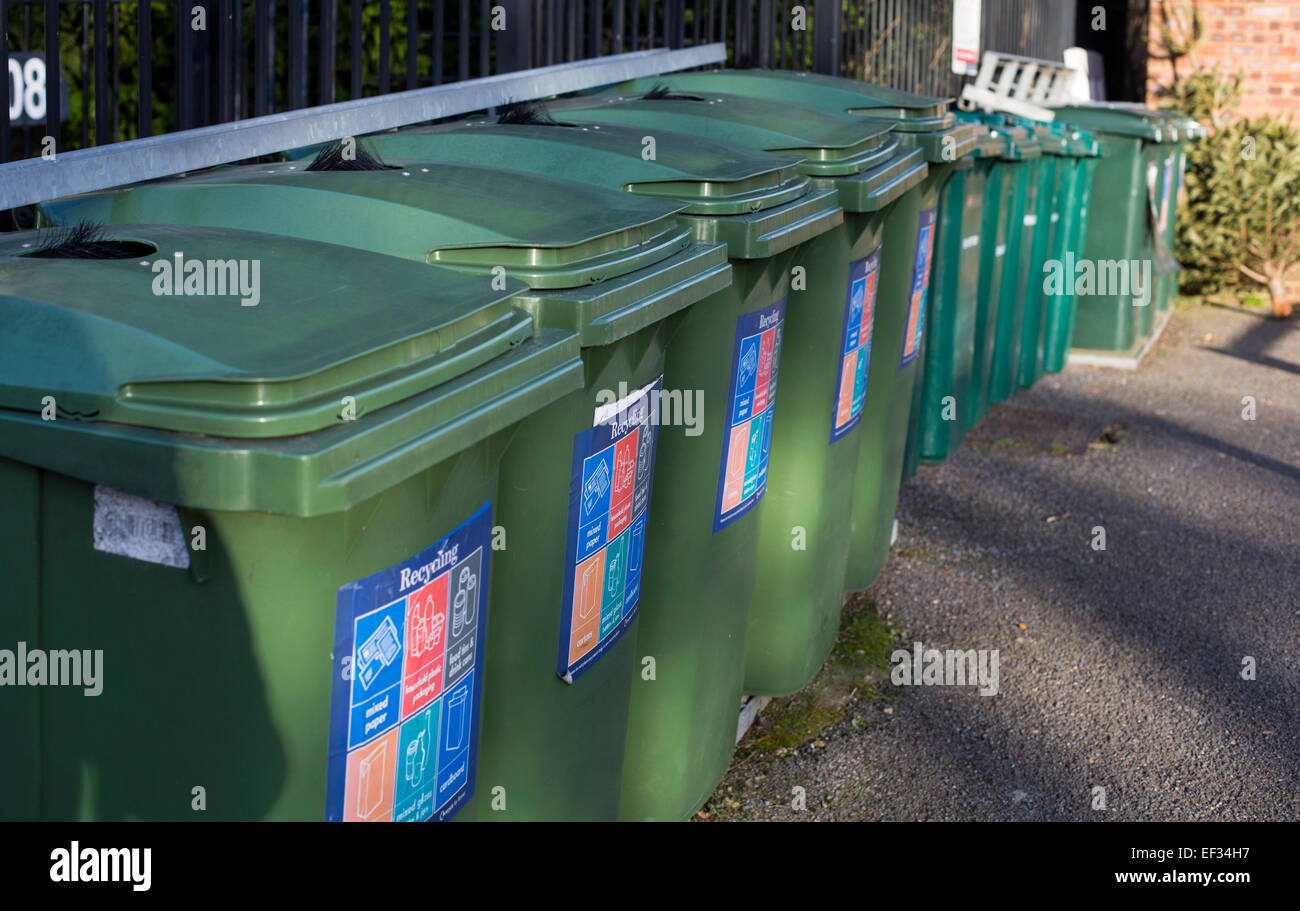 Row green wheely bins bin recycling Stock Photo