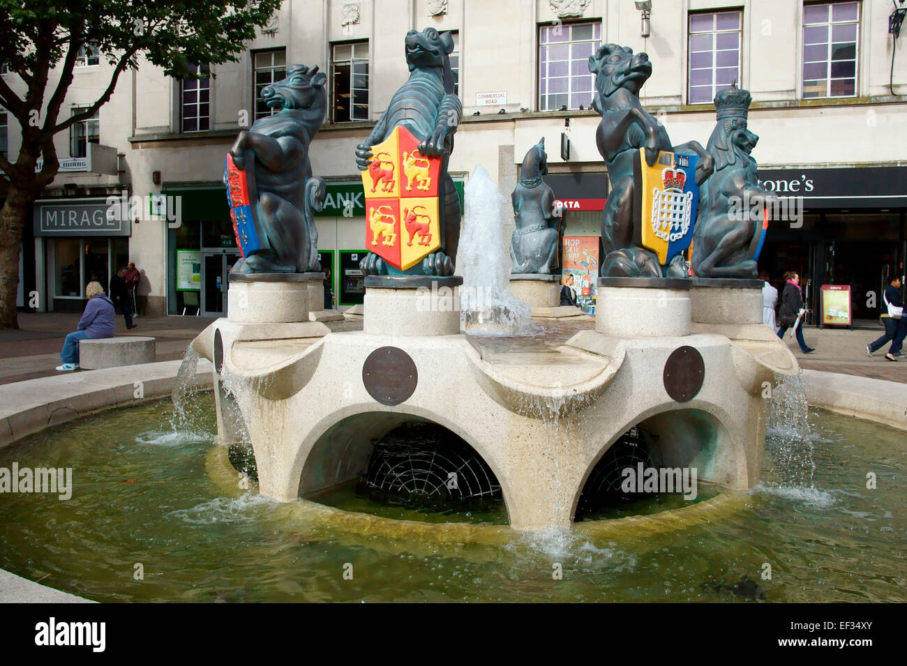 Fountain in Commercial Road shopping precinct Portsmouth, Hampshire, UK