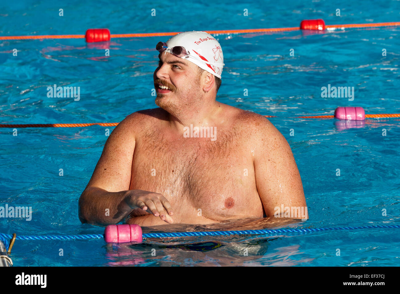 overweight swimmer joins 650 competitors from all over Europe take part in the bi-annual Cold Water Swimming Championships Stock Photo