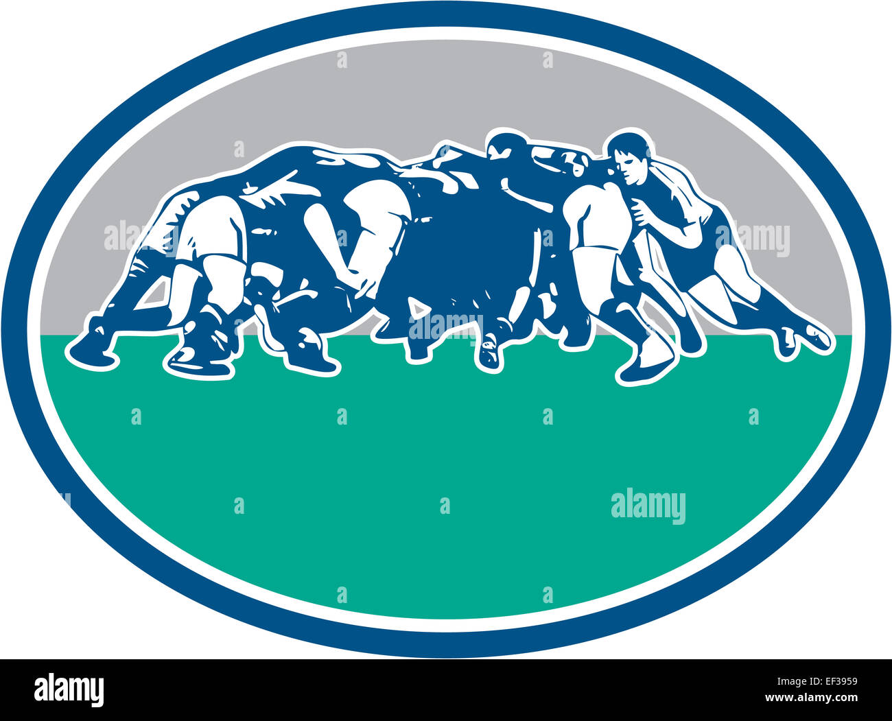 Illustration of rugby union players in a scrum set inside oval with done in retro style. Stock Photo