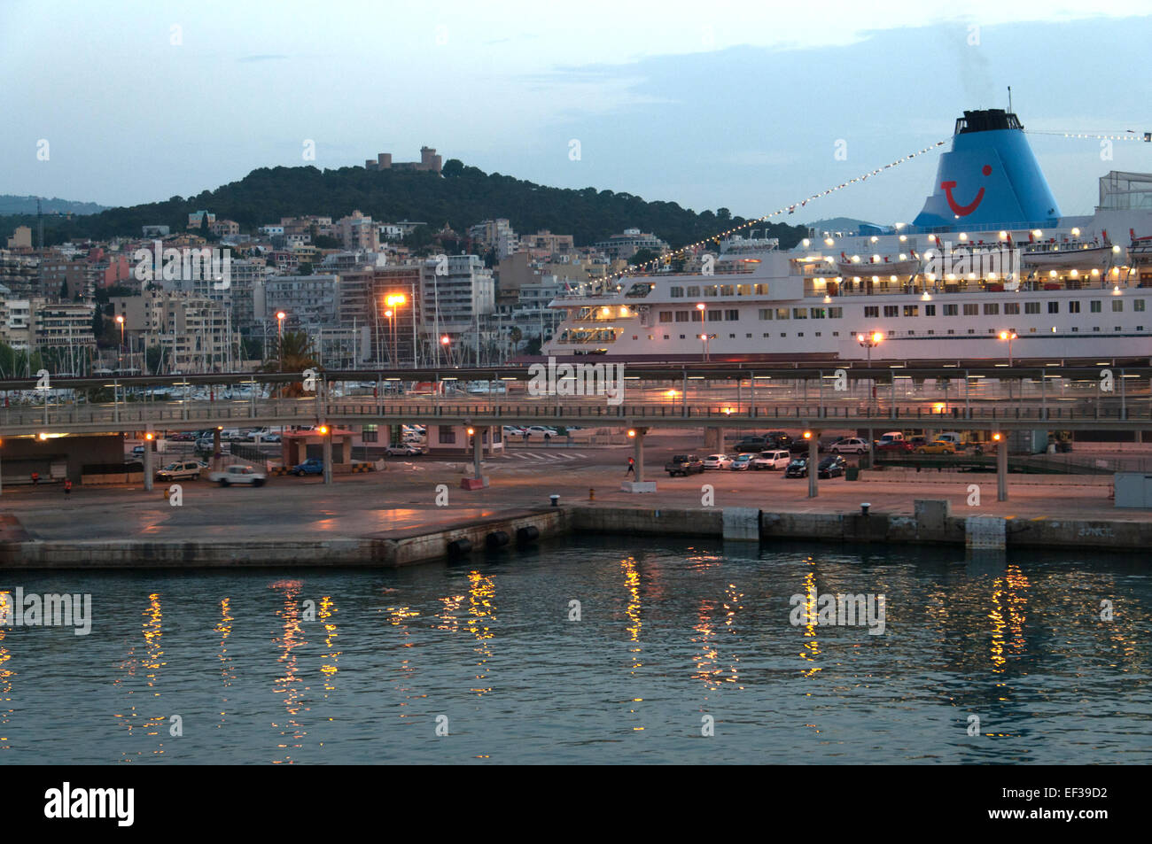 Ferry from Barcelona arrives in Palma port at dawn on July 14 2012 in Palma  de Mallorca, Balearic islands, Spain Stock Photo - Alamy