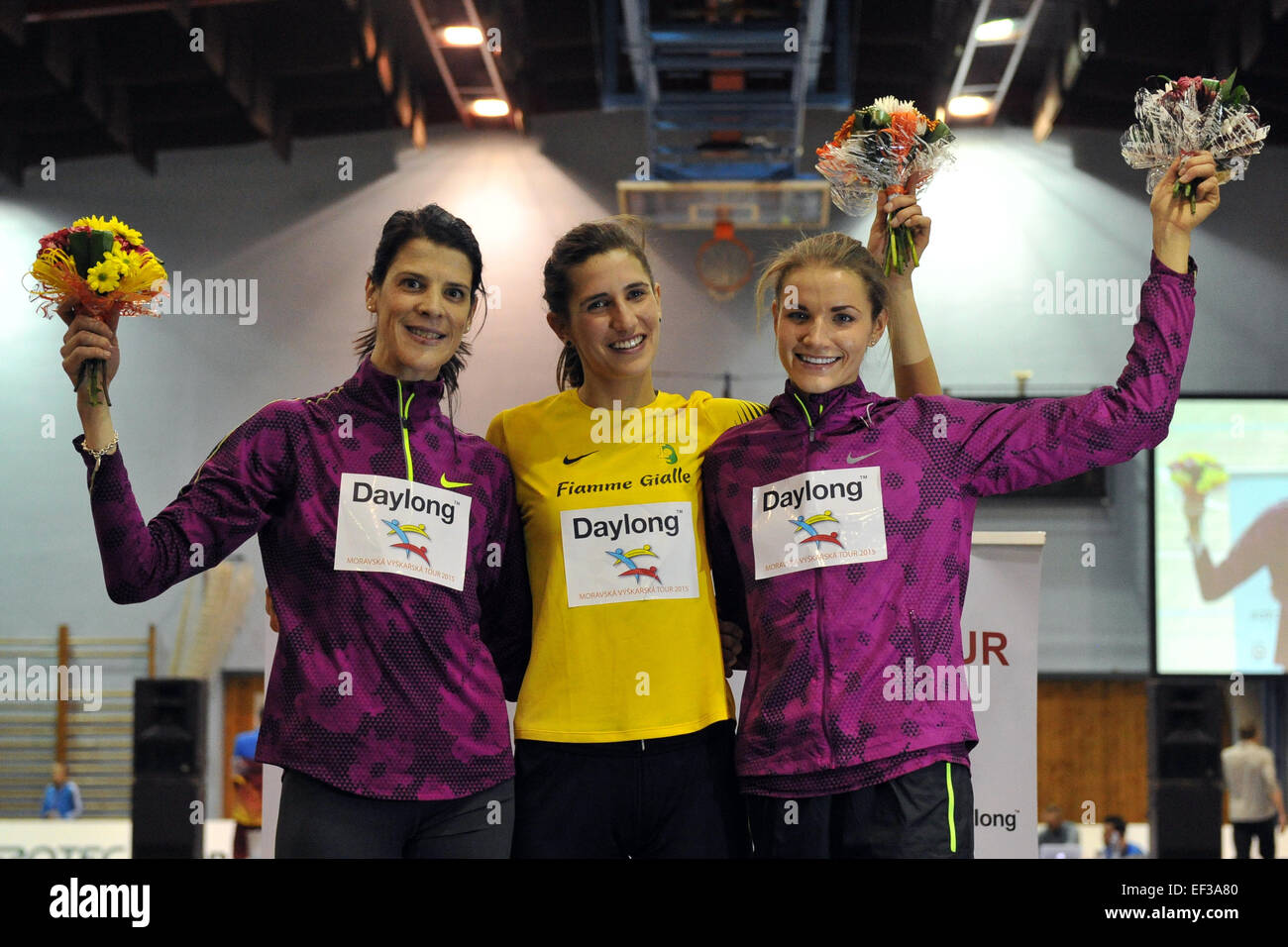 Hustopece, Czech Republic. 24th Jan, 2015. Lithuanian athlete Airine Palsyte (right), Spanish Ruth Beitia (left) and the winner Italian Alessia Trost (center) are smiling after first introducing at Moravian High Jump Tour in Hustopece, Czech Republic, on Saturday, January 24, 2015. © Vaclav Salek/CTK Photo/Alamy Live News Stock Photo