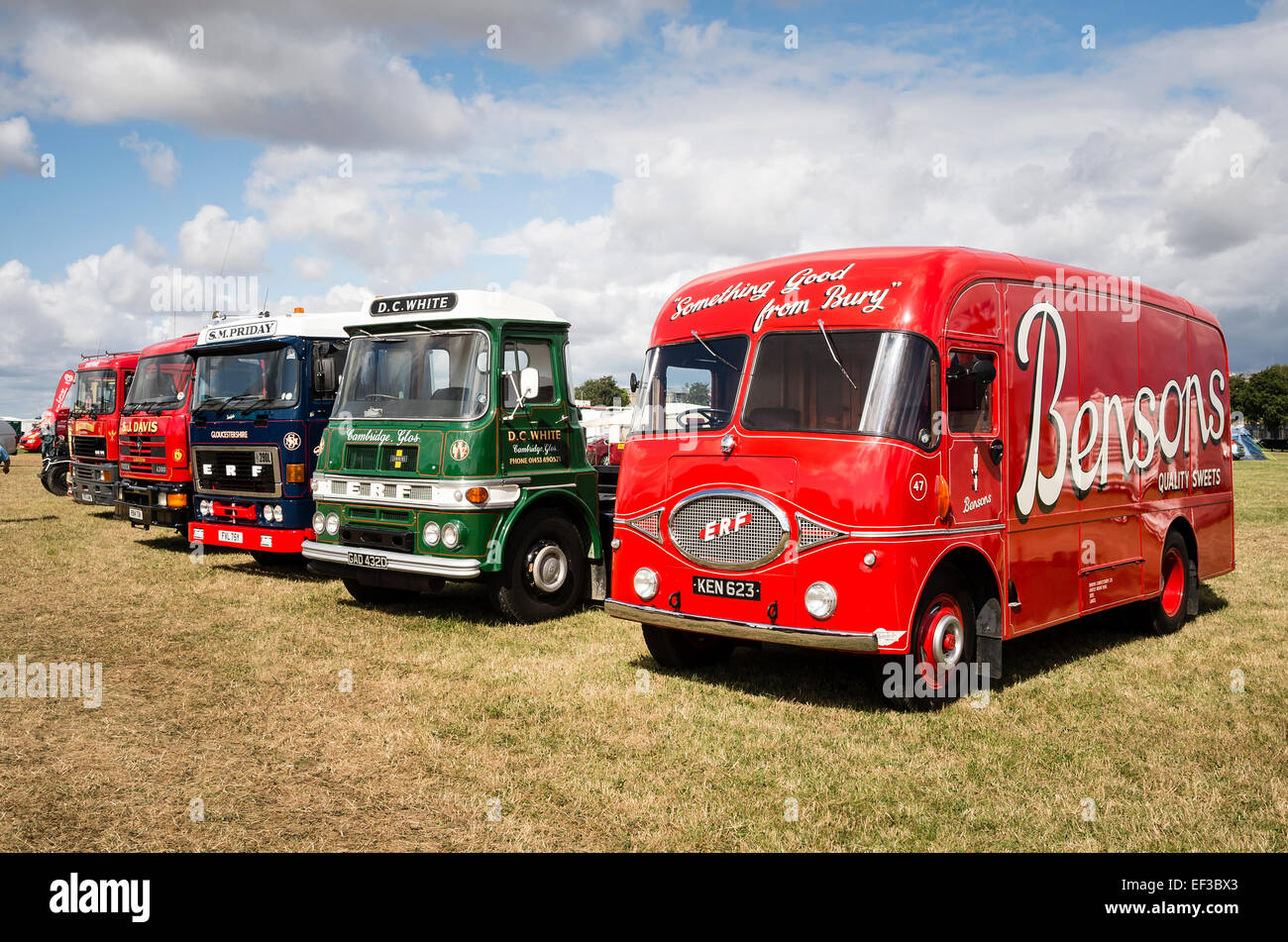 Line-up of old ERF commercial trucks at an English show Stock Photo