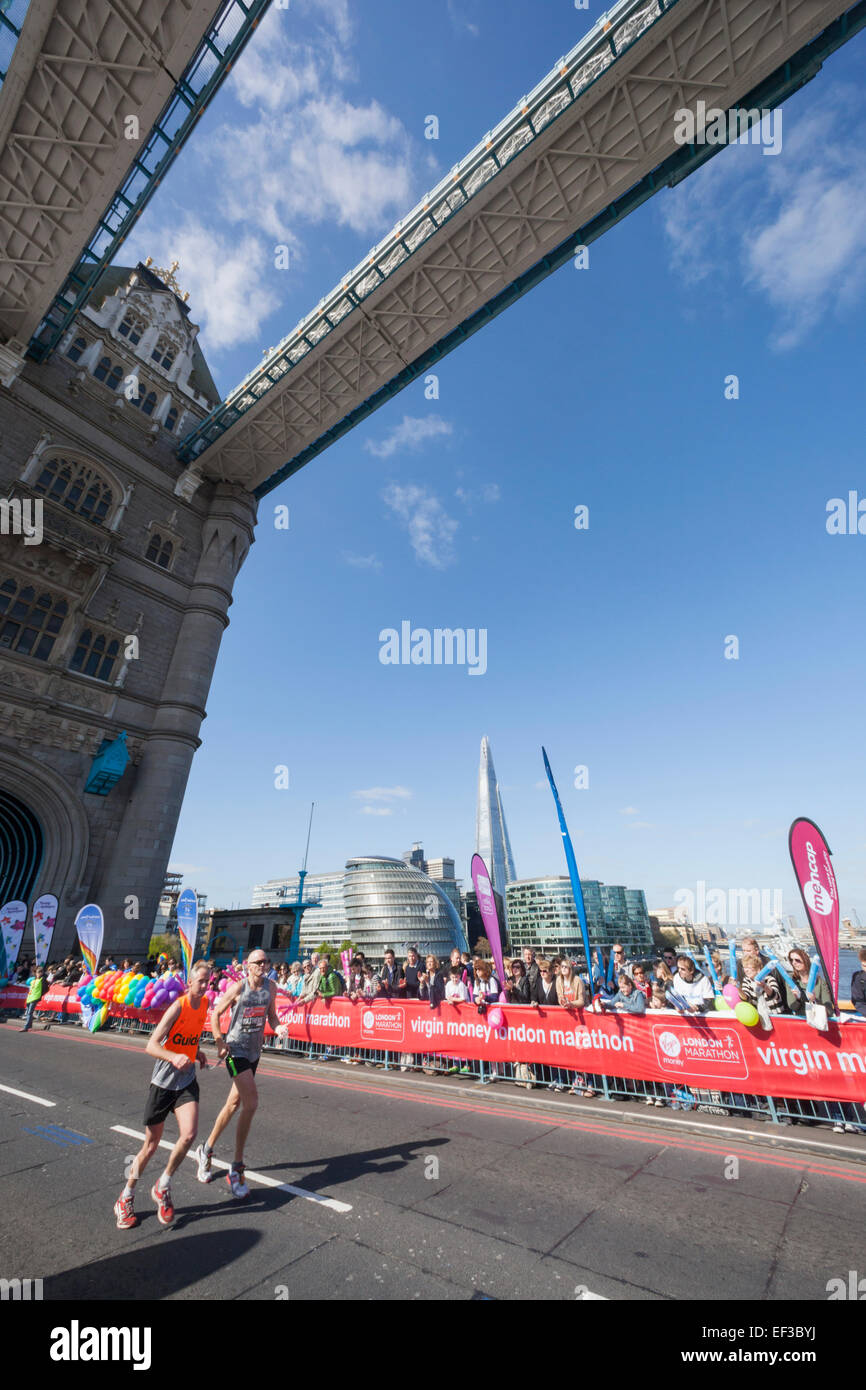 England, London, London Marathon, Blind Runner with Guide Stock Photo