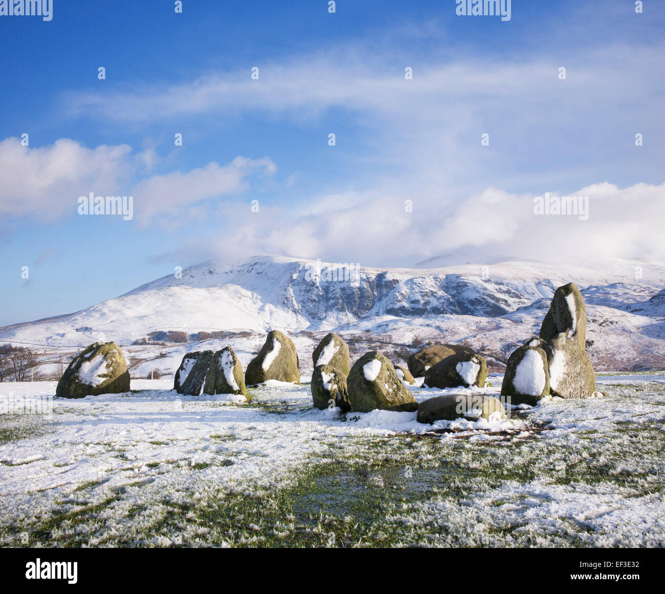 Castlerigg stone circle in front of Helvellyn mountain range in the winter snow. Lake District, Cumbria, England. Stock Photo