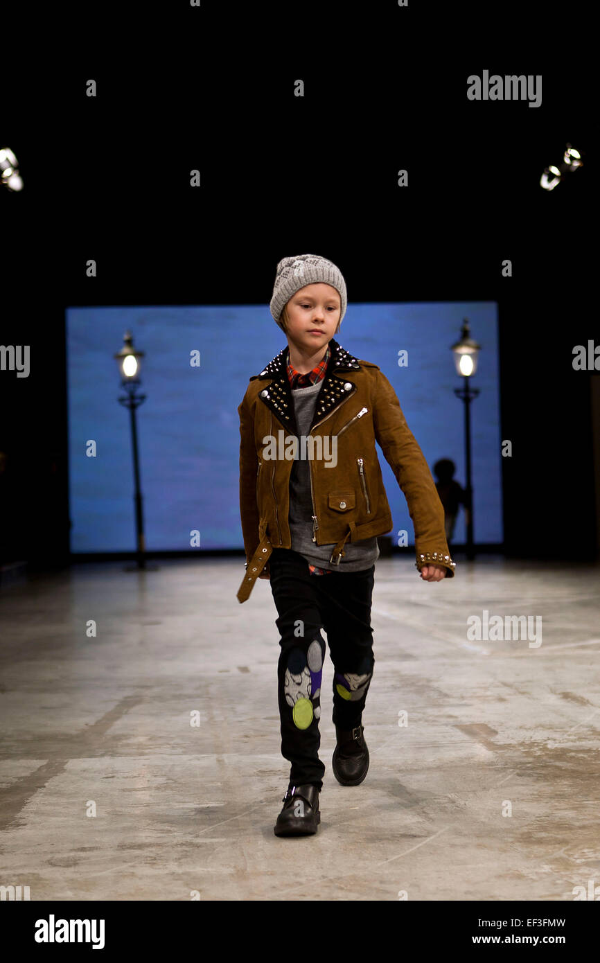 Copenhagen, Denmark. 26th January, 2015. Kids presents the coming fall/ winter fashion wears at this weeks Copenhagen International Fashion Fair.  Here Rumle shows a SHIRT from Small Rags, SWEATER Fub, LEATHER JACKET  Diesel,