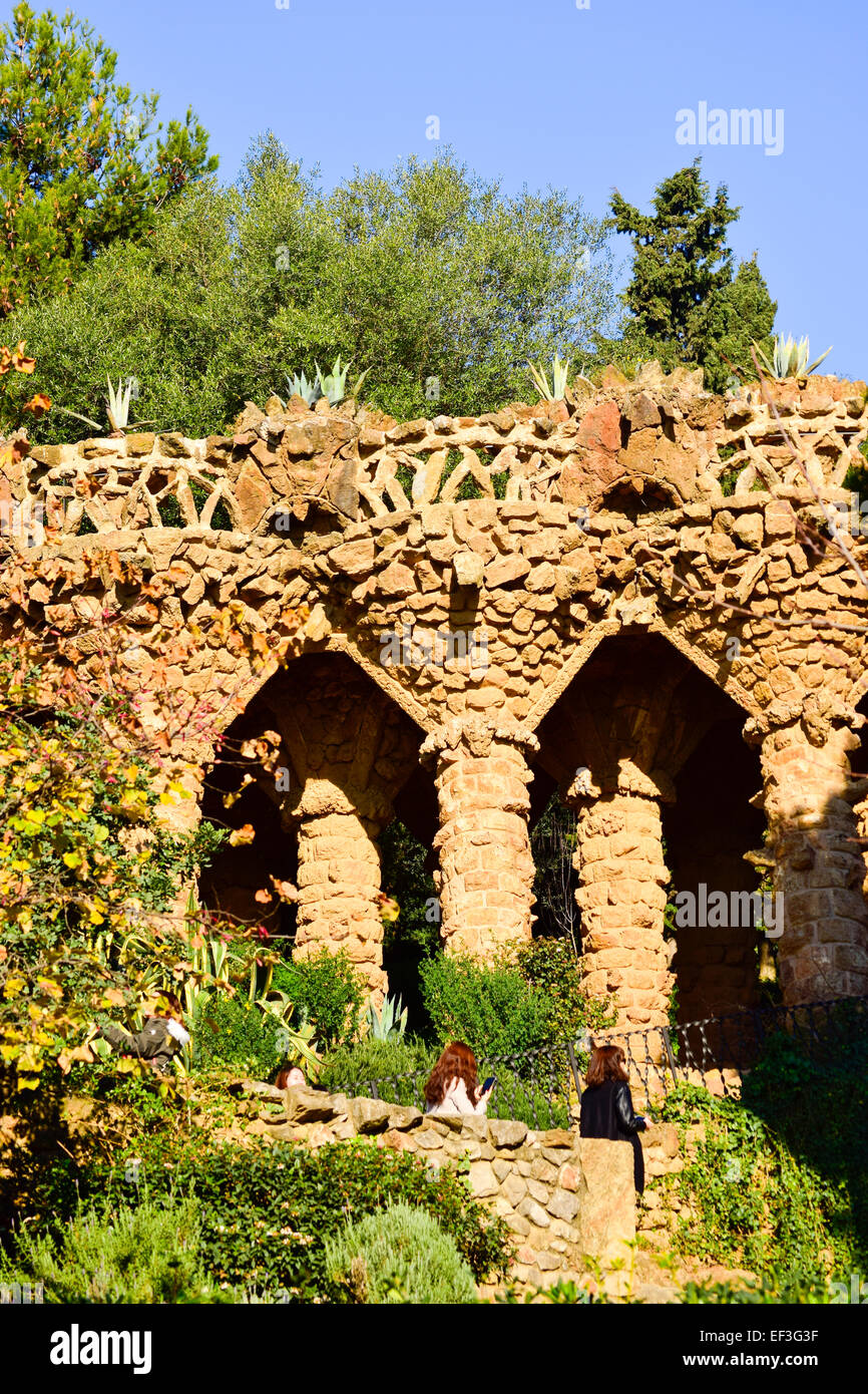 Columns. Park Guell by Antoni Gaudi architect. Barcelona, Catalonia, Spain. Stock Photo