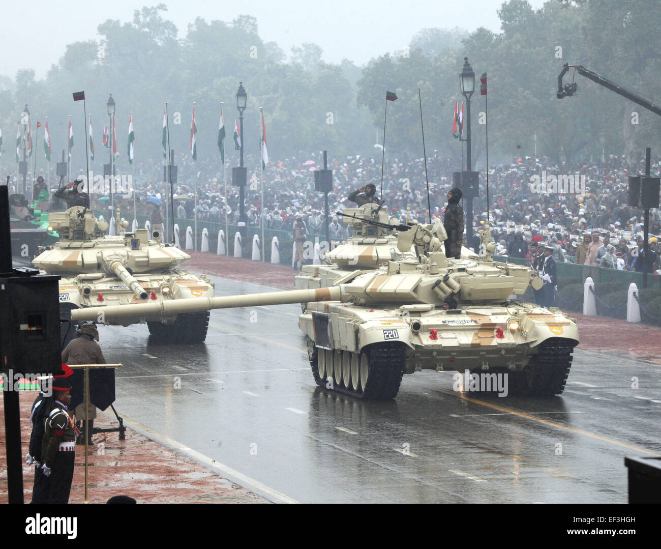 New Delhi, India. 26th Jan, 2015. Army tanks move on the historic Rajpath during the 66th Republic Day parade in New Delhi, India, Jan. 26, 2015. Republic Day marks the anniversary of India's democratic constitution taking force in 1950. © Partha Sarkar/Xinhua/Alamy Live News Stock Photo