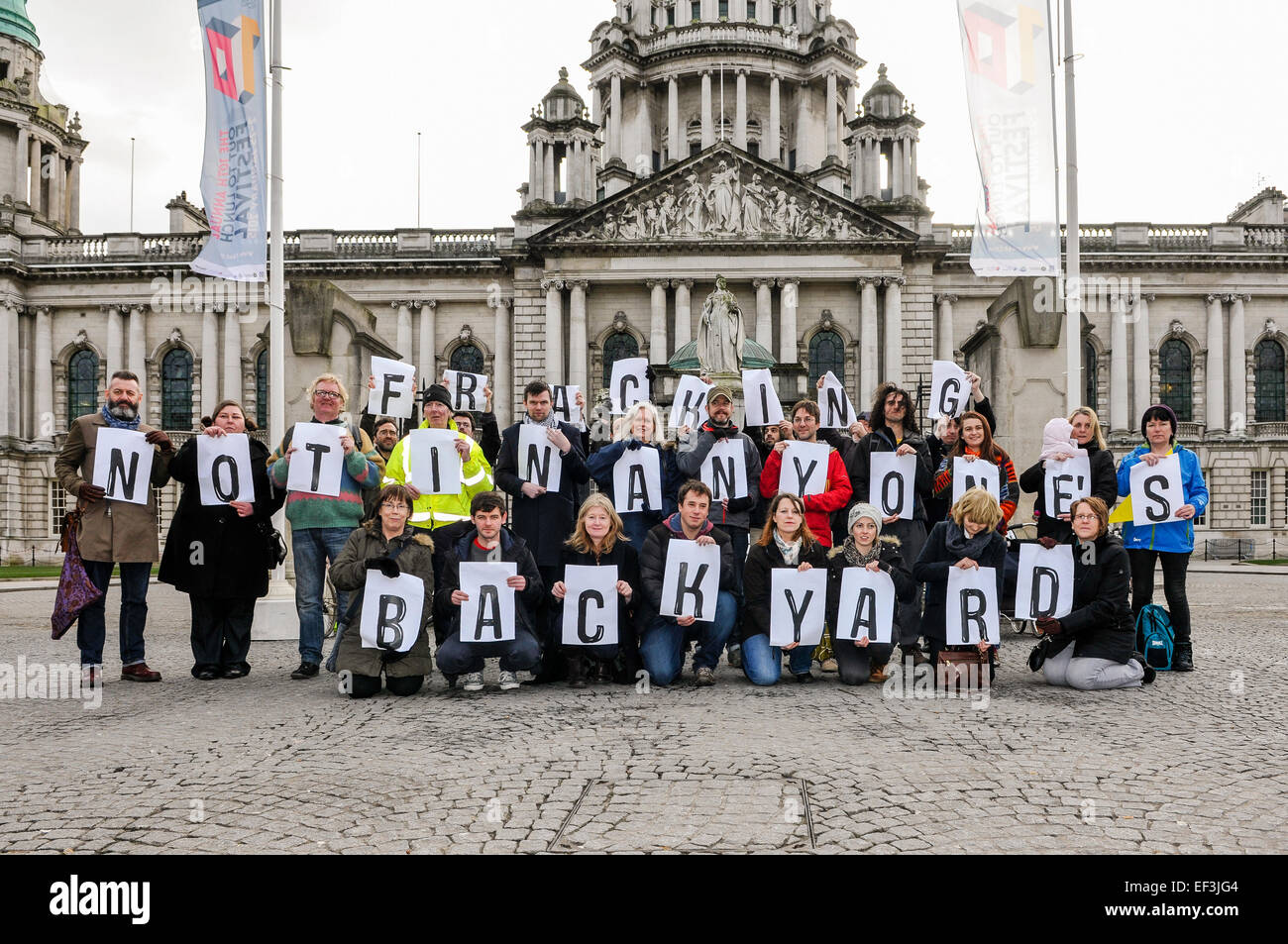 Belfast, Northern Ireland, UK. 26th January, 2015. Friends of the Earth hold an anti-fracking demonstration outside Belfast City Hall. Credit:  Stephen Barnes/Alamy Live News Stock Photo