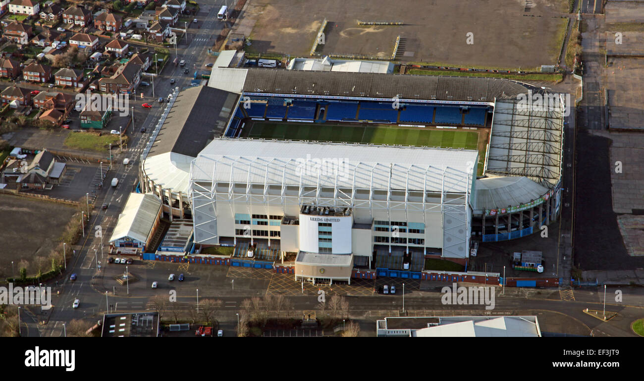 aerial view of Leeds United FC Elland Road Stadium football ground, UK Stock Photo