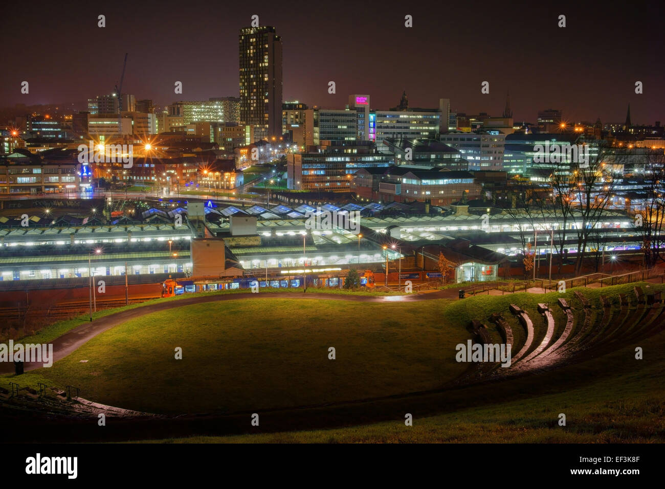 UK,South Yorkshire, Sheffield, City Centre at night from Sheaf Valley Park Stock Photo
