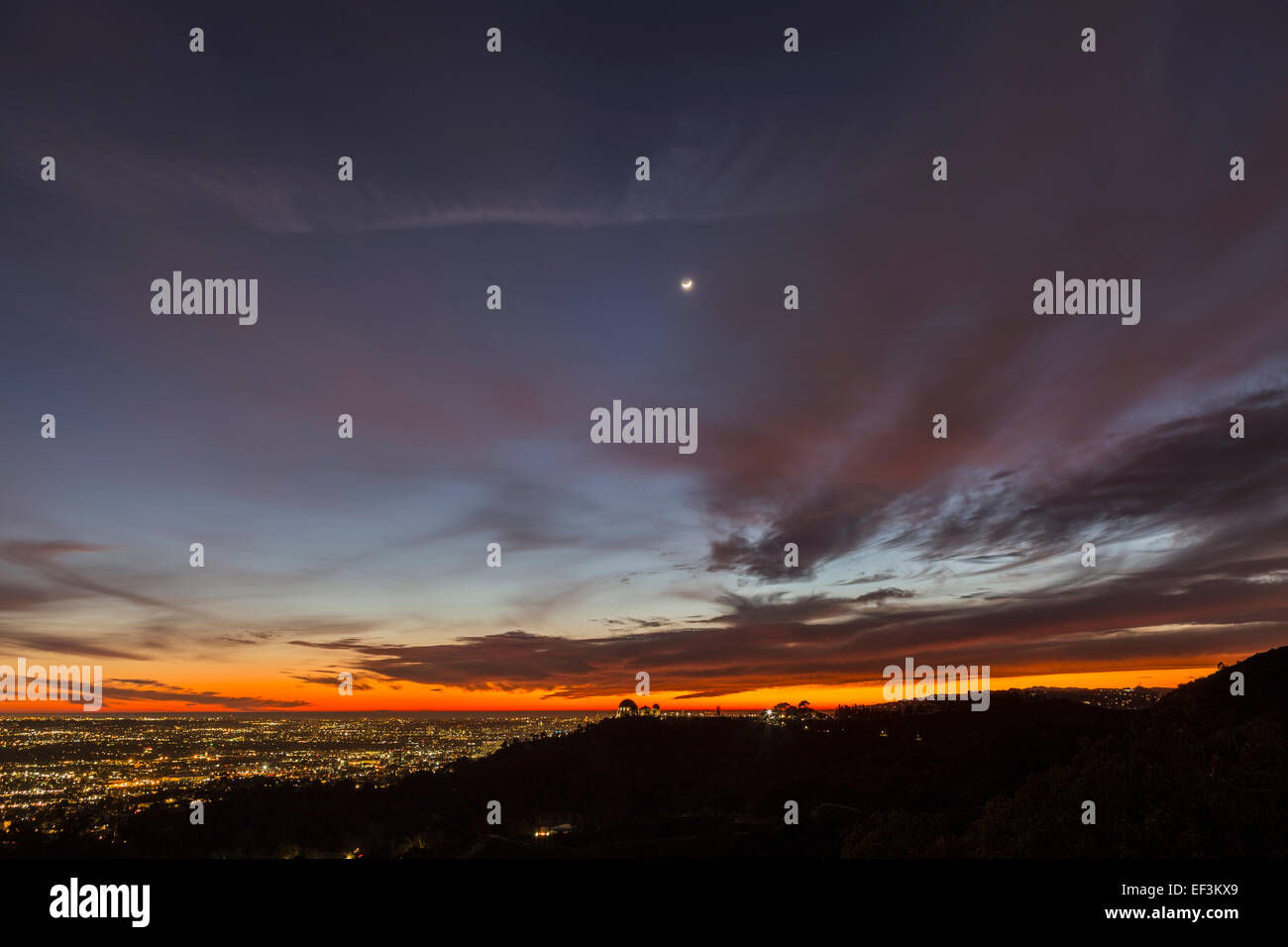 Los Angeles and Hollywood sunset viewed from popular Griffith Park in Southern California. Stock Photo