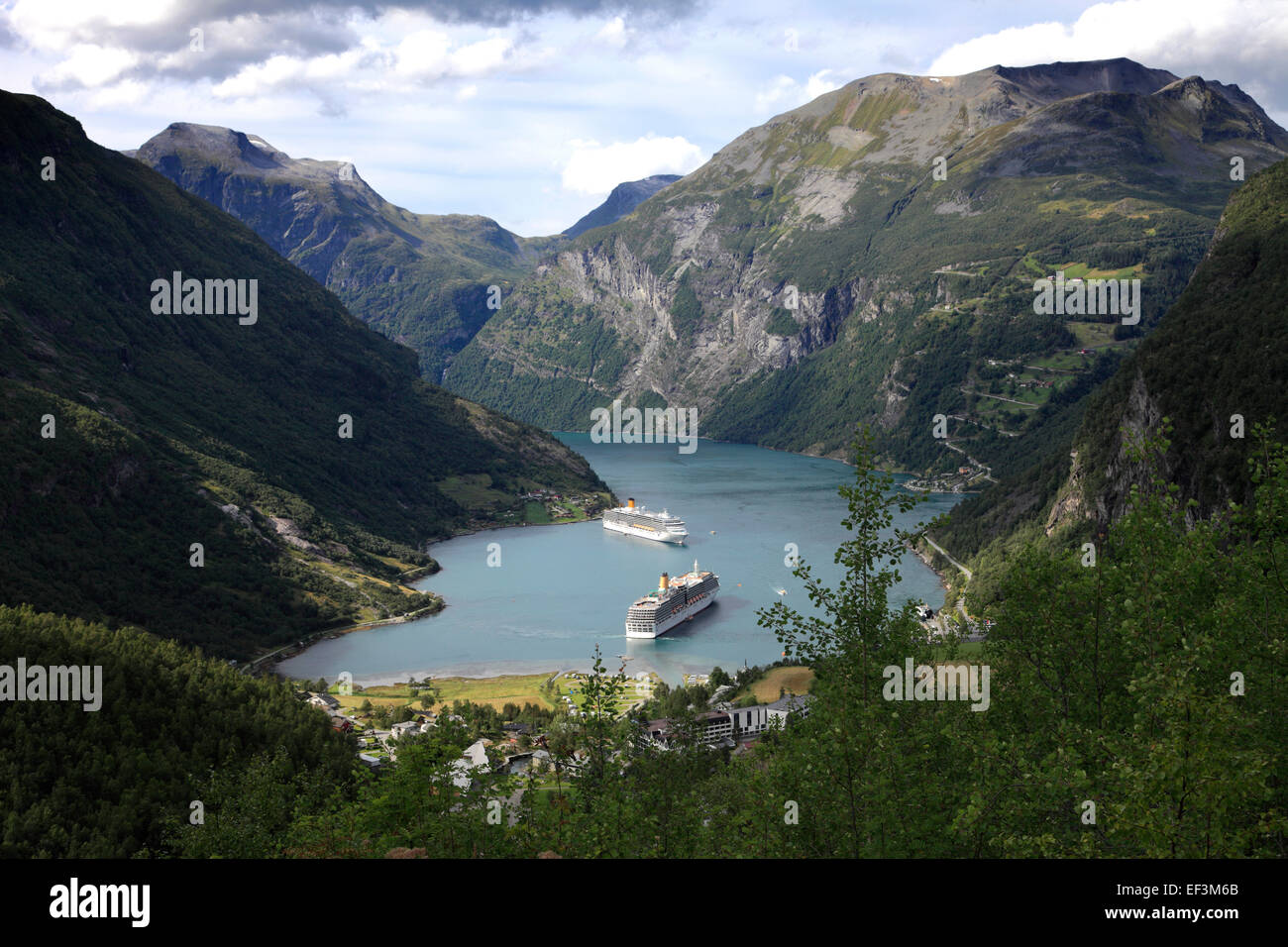 Cruise ships in Geirangerfjord, Geiranger town, UNESCO World Heritage Site, Sunnmøre region, Møre og Romsdal county, Norway Stock Photo