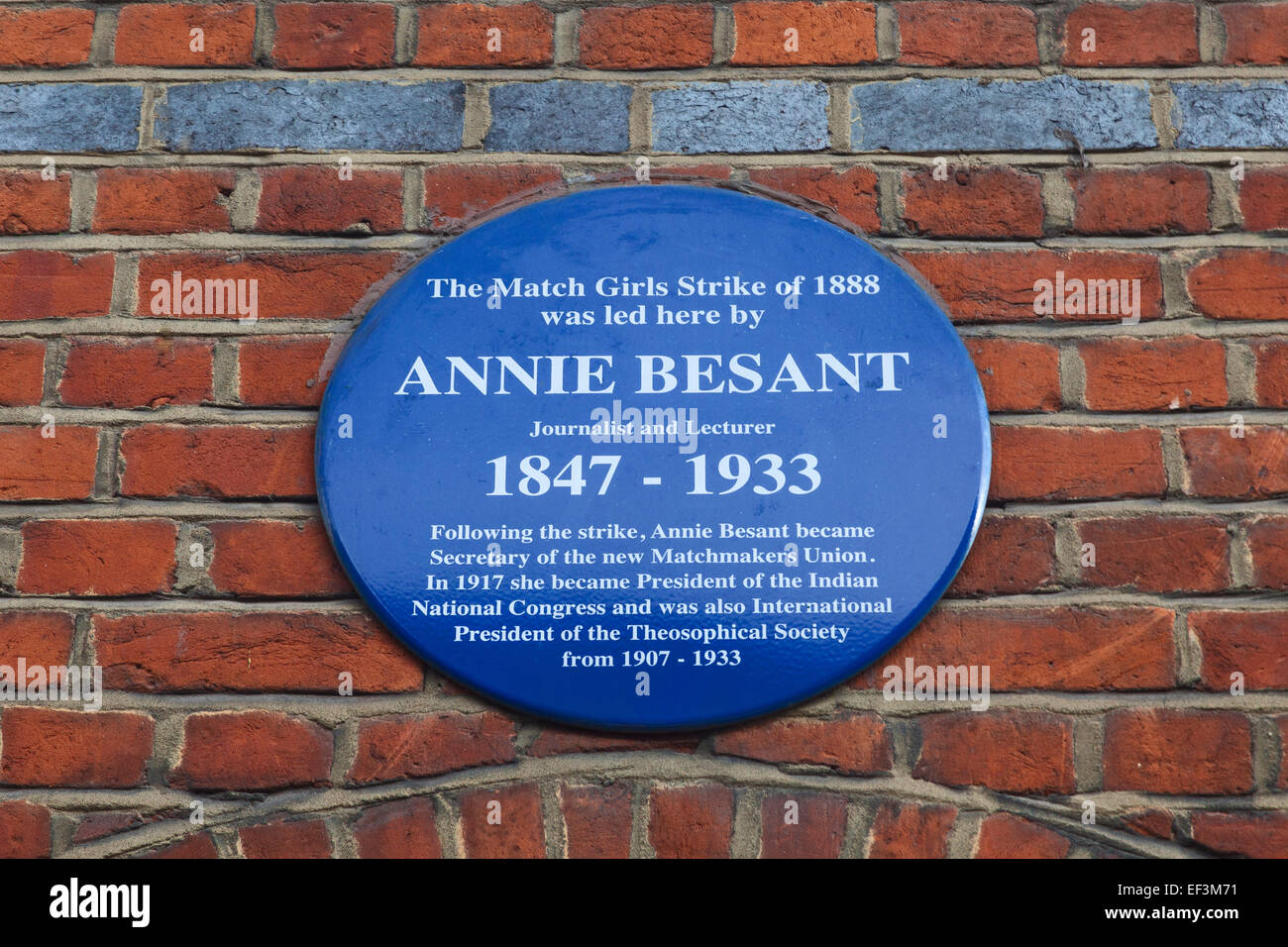 London, Bow  A plaque at the original Bryant and May match factory, commemorating Annie Besant, leader of the Match Girls Strike Stock Photo