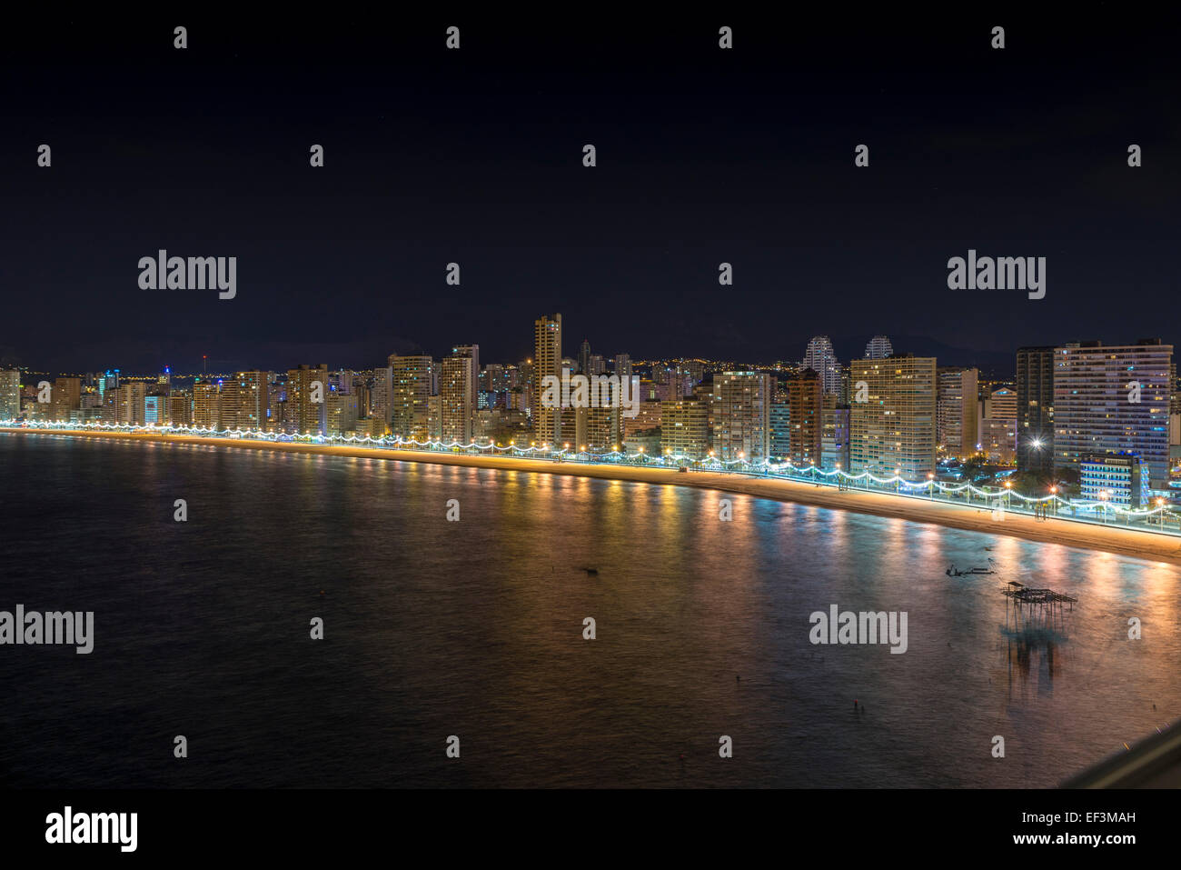Benidorm bay at Costa Blanca night  panorama. View from the end of the Levante beach. Stock Photo