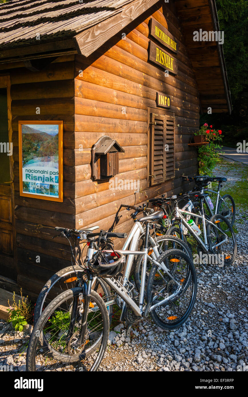 Bicycles and park kiosk, Risnjak National Park, Croatia Stock Photo