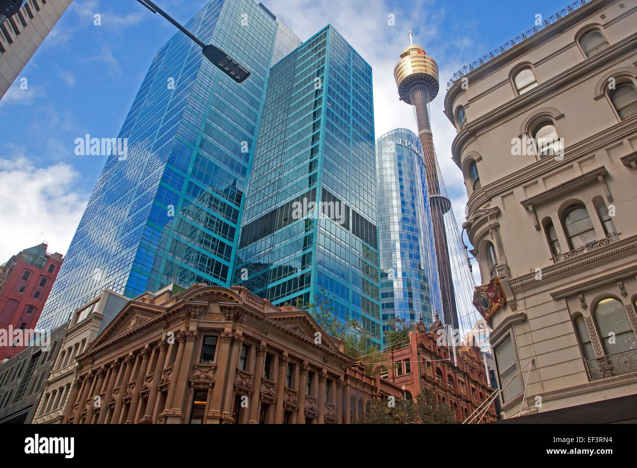 Westfield Centrepoint Tower, skyscrapers and old colonial buildings in the city centre of Sydney, New South Wales, Australia Stock Photo