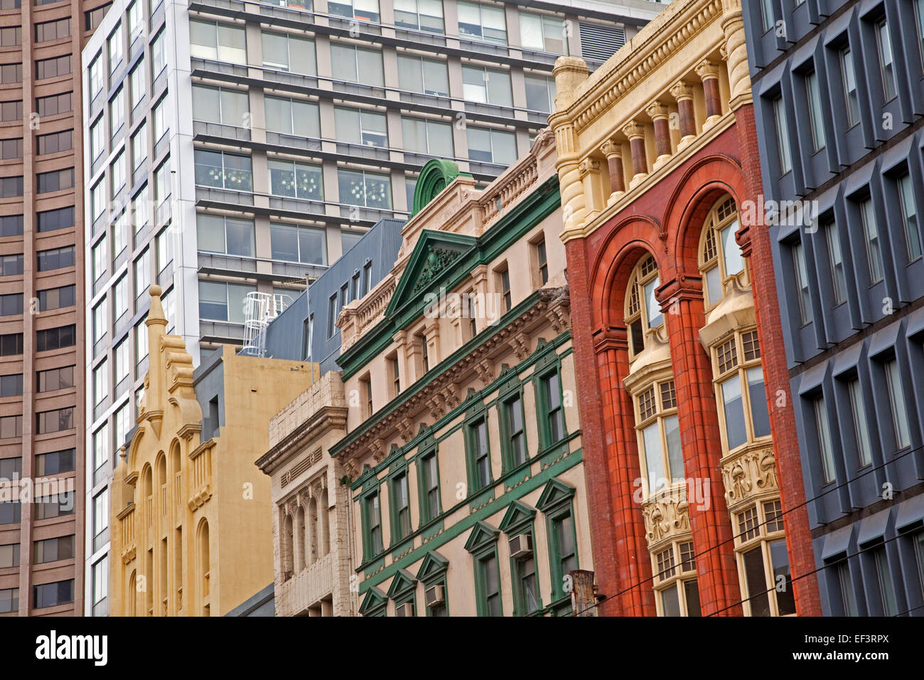 Colourful colonial buildings and skyscrapers in the city center of Melbourne, Victoria, Australia Stock Photo