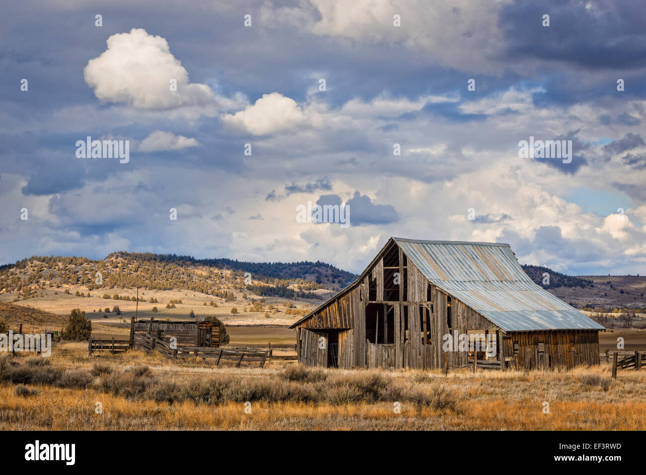 Old wooden barn along Highway 139 near Canby, California. Stock Photo