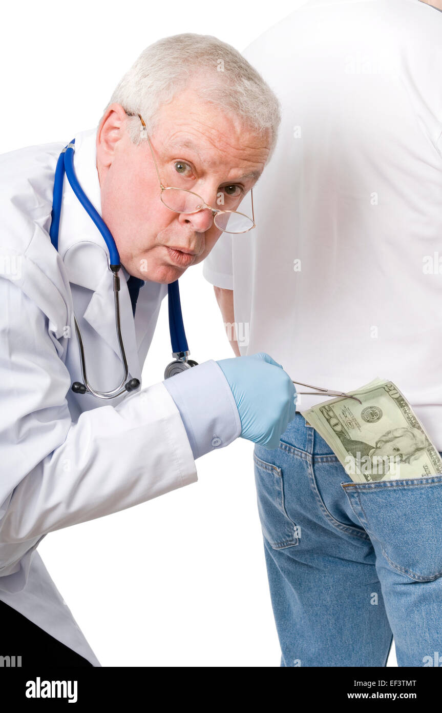 Doctor using tweezers to take money out of someone's pocket Stock Photo