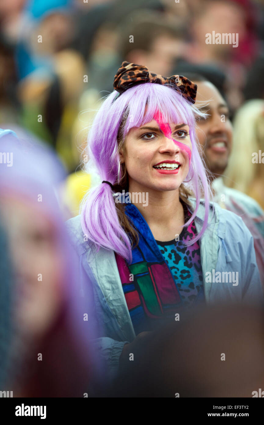 Girl in a pink wig at Glastonbury June 2014 UK Stock Photo
