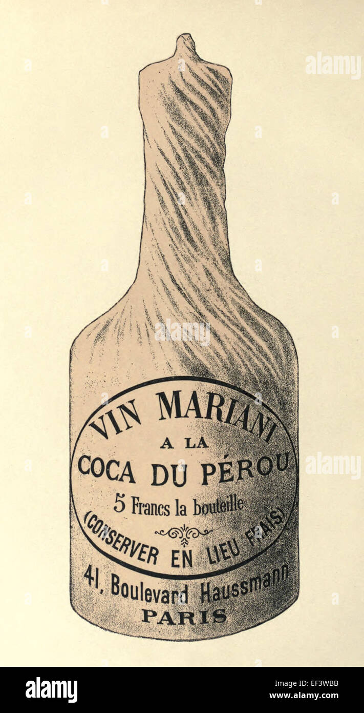 'Vin Tonique Mariani ala Coca du Perou' bottle outer paper wrapper, engraving 1893. The original Coca wine containing cocaine, popular with singers and artists. See description for more information. Stock Photo
