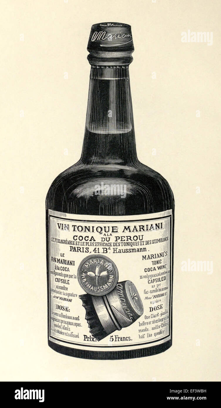 'Vin Tonique Mariani ala Coca du Perou' glass bottle, engraving 1893. The original Coca wine containing cocaine, popular with singers and artists. See description for more information and dosage. Stock Photo