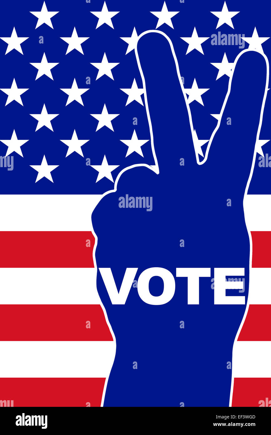USA Vote - Victory gesture over national flag Stock Photo