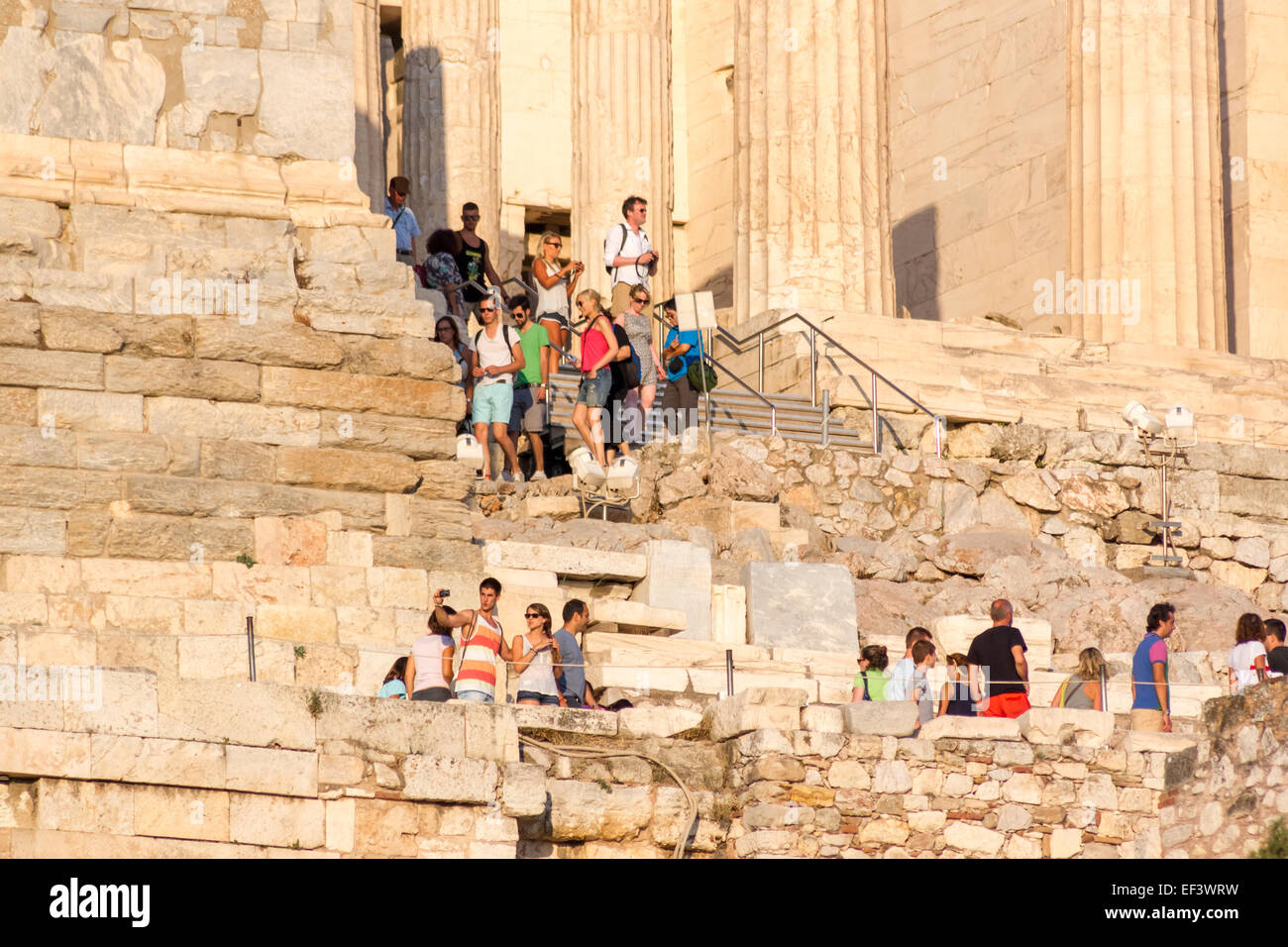 Tourists on the steps to the Acropolis of Athens, Greece Stock Photo
