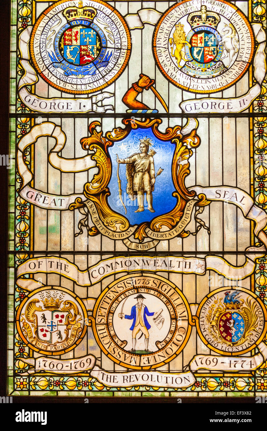 Stained glass window inscribed Great Seal of the Commonwealth on Grand