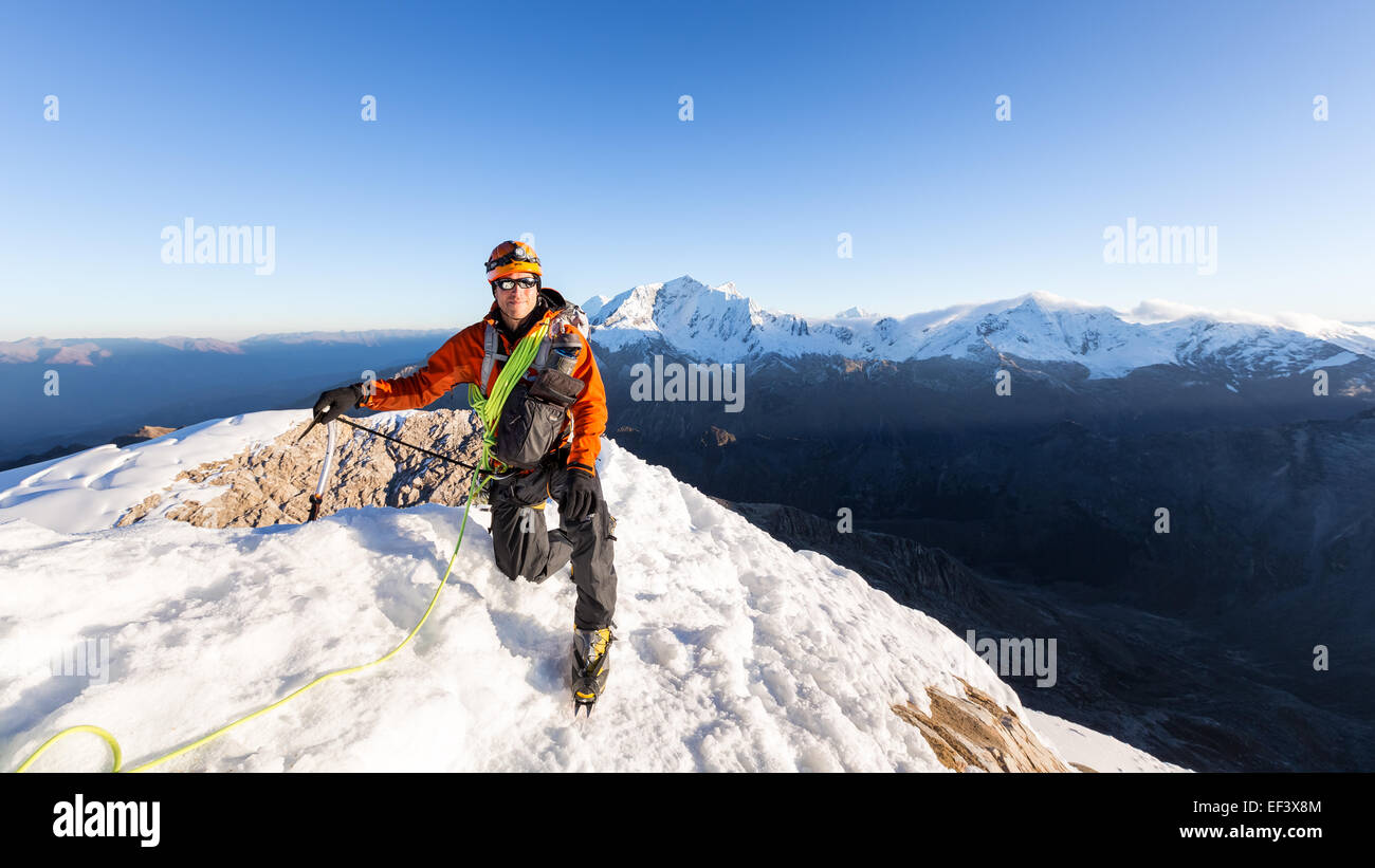 At the summit of Urus Este, Ishinca valley, Cordillera Blanca, Andes, Peru, South America Stock Photo