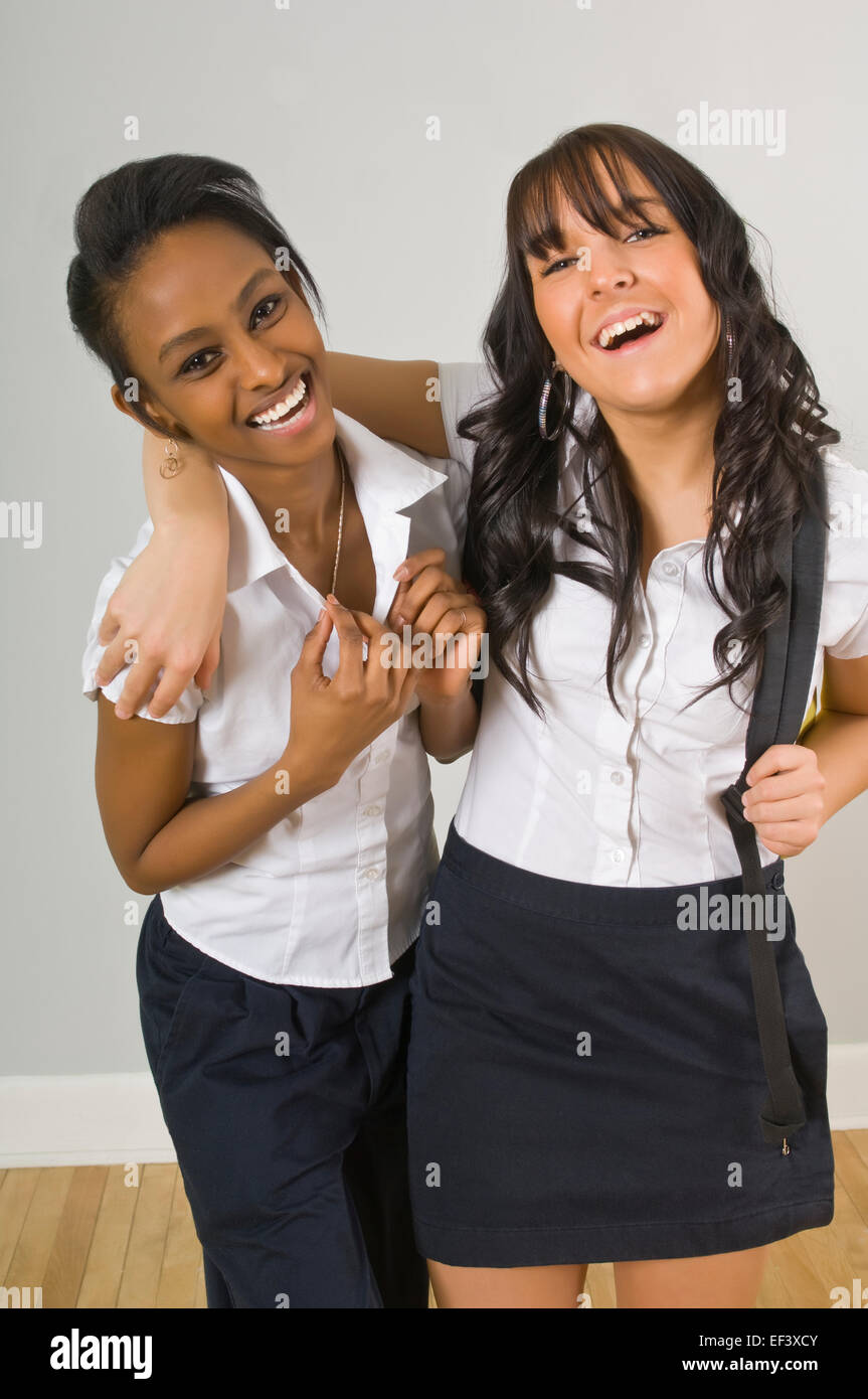 Two young women laughing Stock Photo
