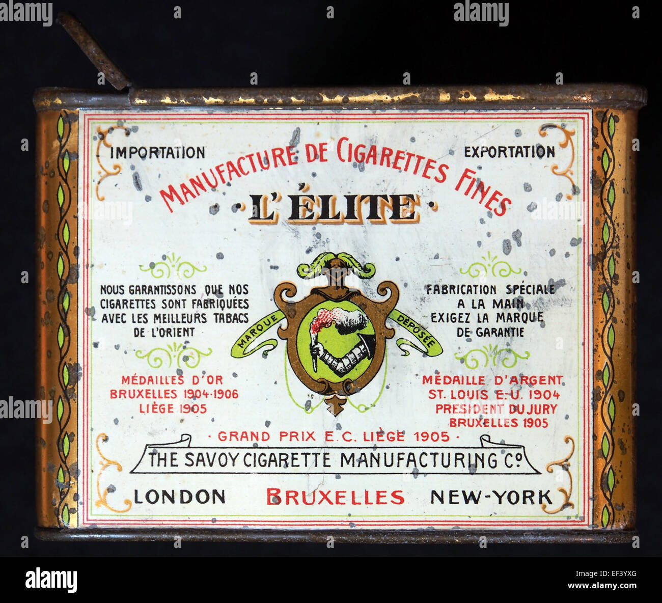The L Elite cigarettes tin features a vintage design used for packaging  cigarettes. This collectible item represents early 20th-century cigarette  packaging and advertising techniques used in tobacco marketing Stock Photo 