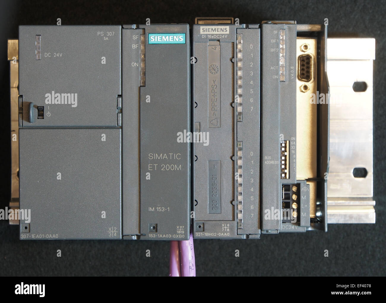 The Siemens PS307 is a programmable controller, part of the ET 200M system, which integrates DI (digital input) and Profibus (communication protocol) for automation and control in industrial settings. Stock Photo