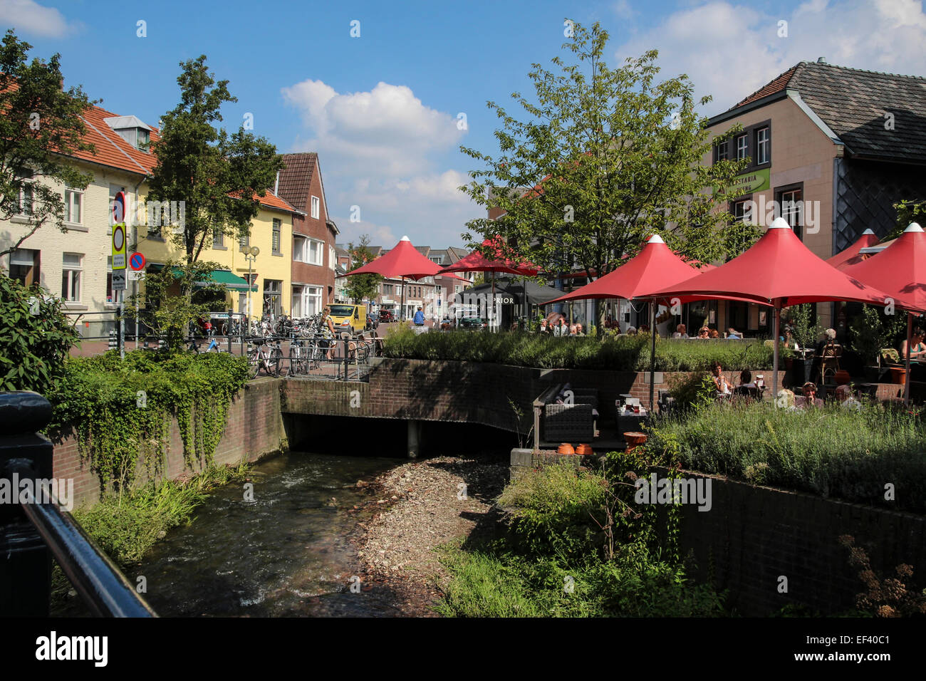 Street scene in the centre of Gulpen (Gulpe), with the river Gulp Stock Photo