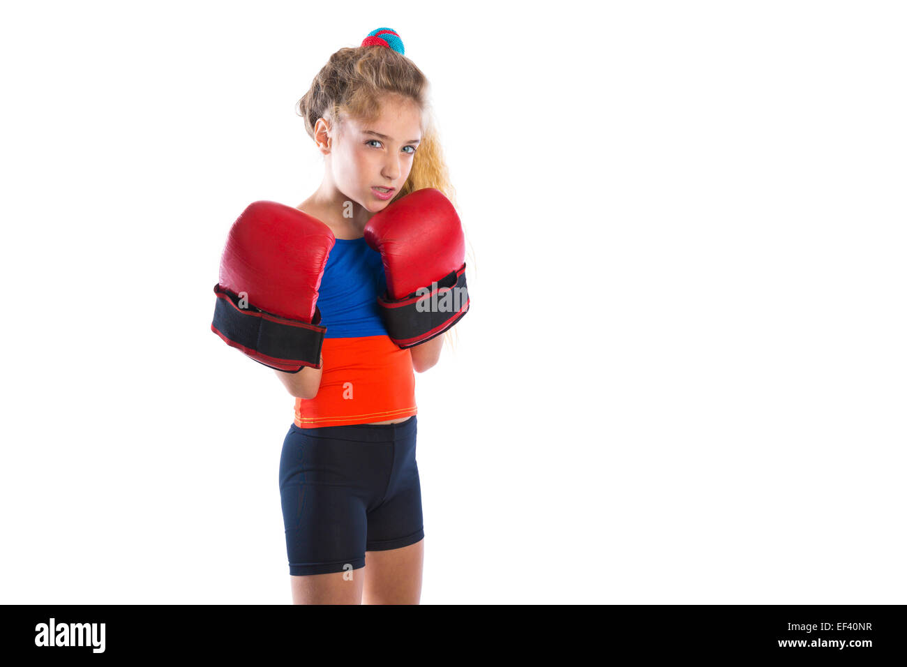 boxer kid blond girl with funny boxing gloves on white background Stock Photo Alamy