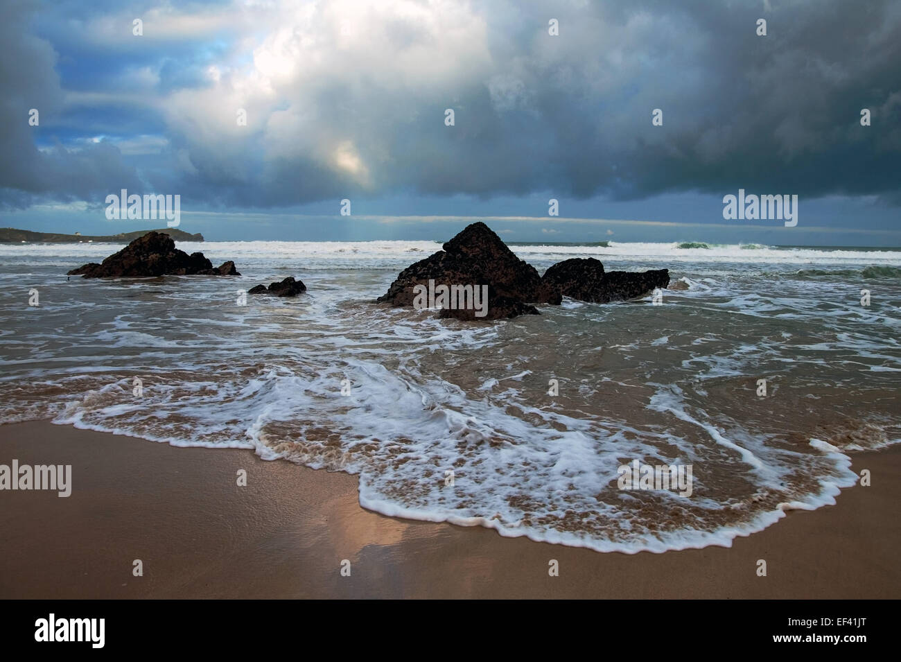 Tide going out at Tolcarne beach, Newquay. This has a very nice atmosphere to it. Stock Photo