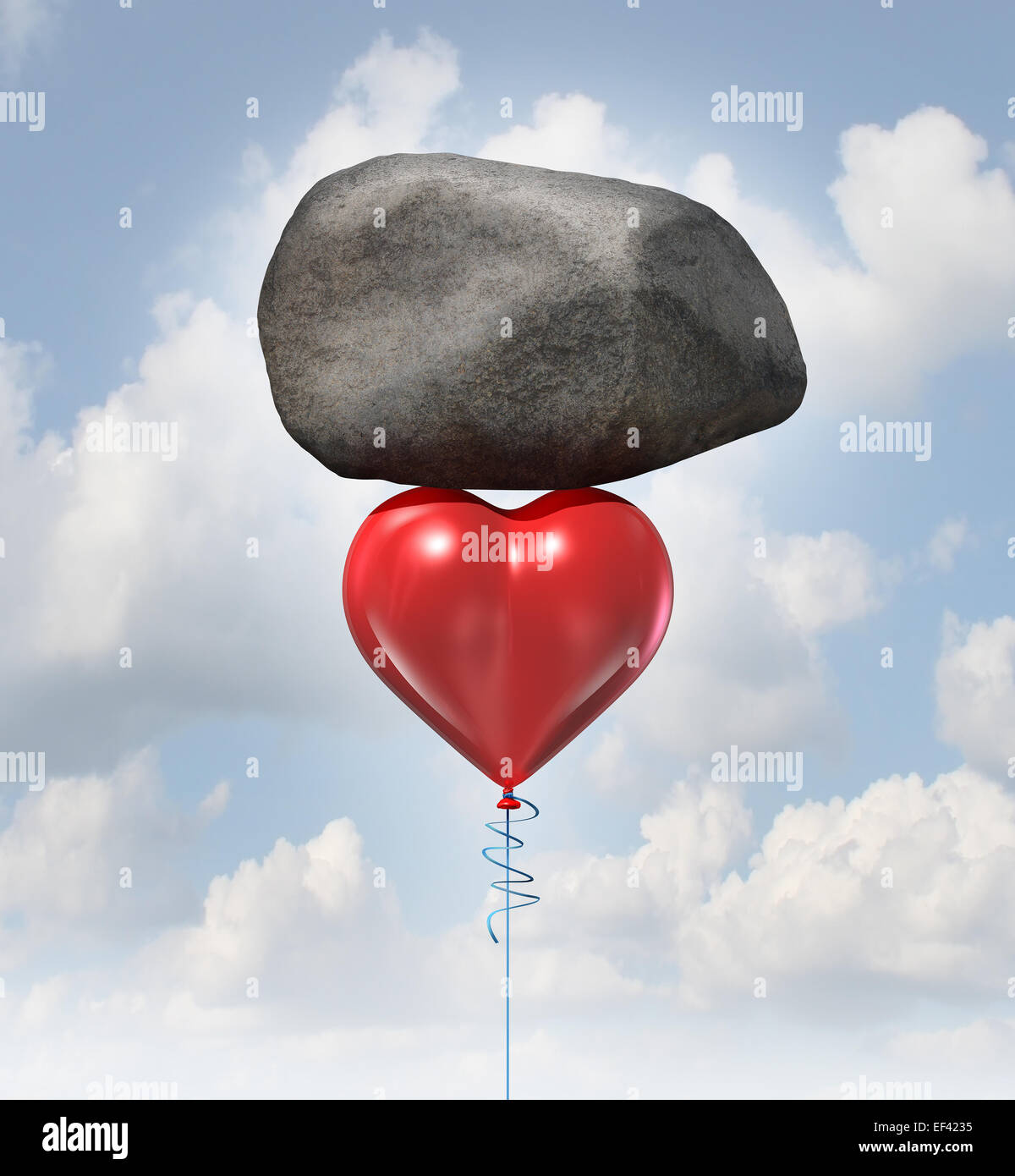 Power of love metaphor or heavy heart challenge concept as a red balloon shaped as the symbol for romance and relationships lift Stock Photo